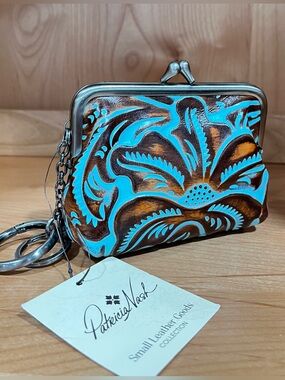Patricia Nash Turquoise and Brown Tooled Leather Mini Coin Purse Keychain NWT